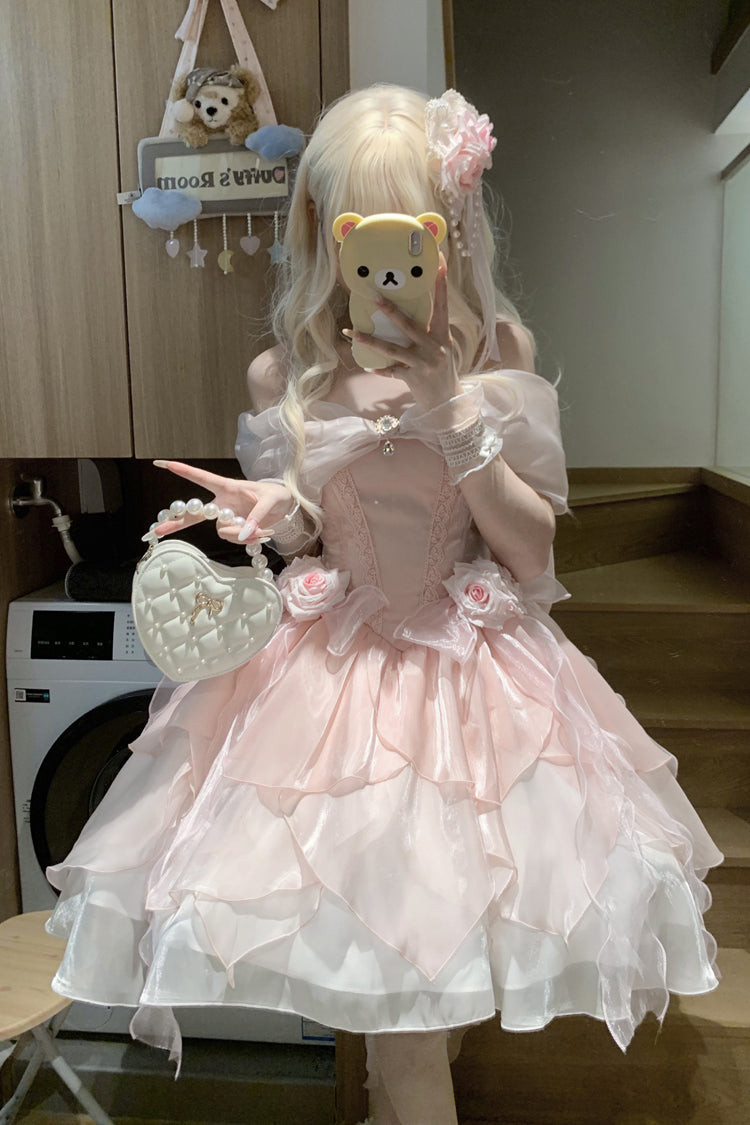 [Heartbeat] Off Shoulder Multi-Layered Ruffle Bowknot Lace Princess Gorgeous Dream Sweet Lolita Dress 2 Colors