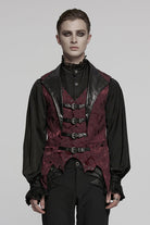 Black/Red Lapel V-neck Sleeveless Jacquard Buckle Men's Gothic Vest