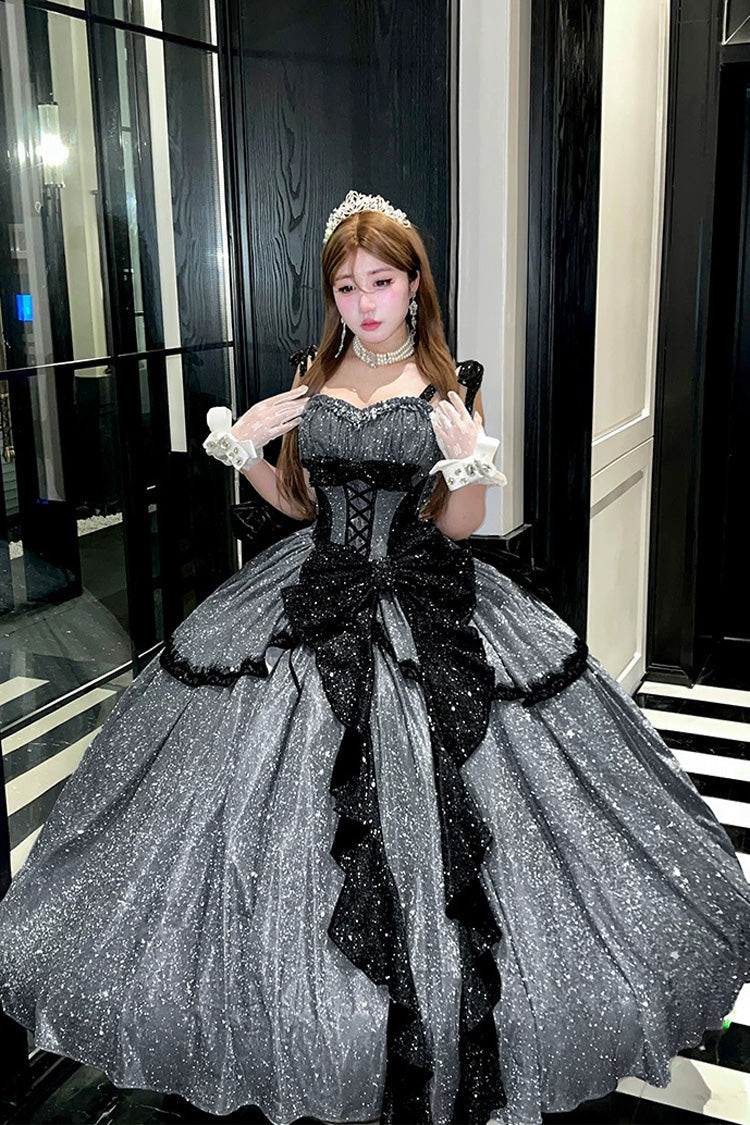 Grey [Galaxy of Fallen Tears] Sleeveless Glitter Series Ruffled Bow Asymmetric Sweet Lolita Jsk Dress