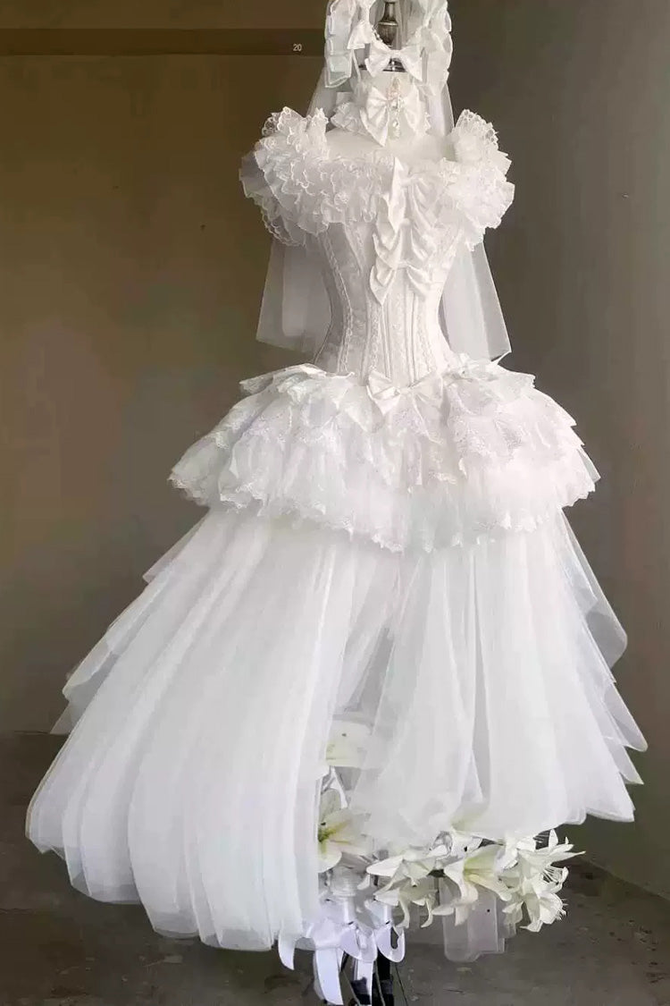 White [Pure White Prayer · Snow Love] Square Collar Ruffled Bow Lace Classic Gothic Lolita Dress Set