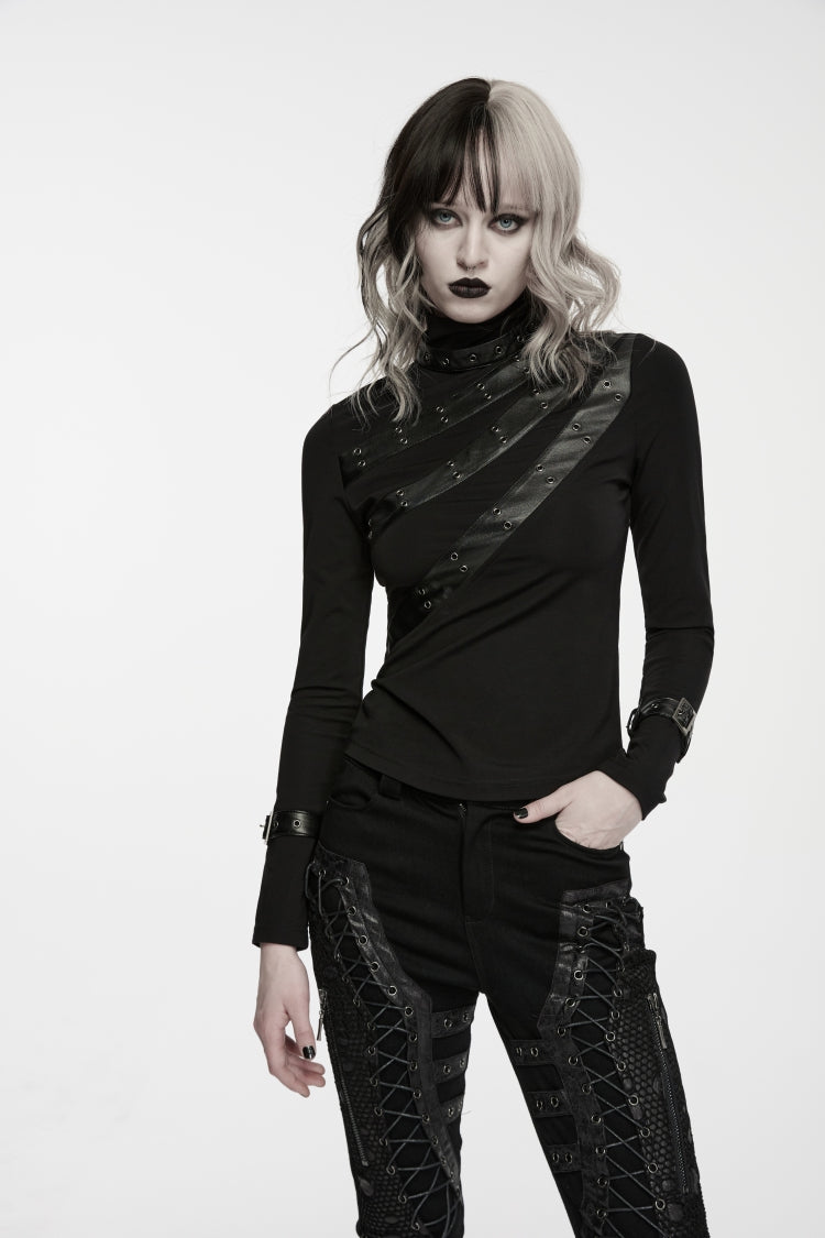 Black High Collar Long Sleeves Cut-Out Patchwork Slim Fit Asymmetric Buckled Women's Punk Cool Top