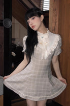 Apricot Short Sleeves Plaid Printed Lace Jirai Kei Japanese Dress
