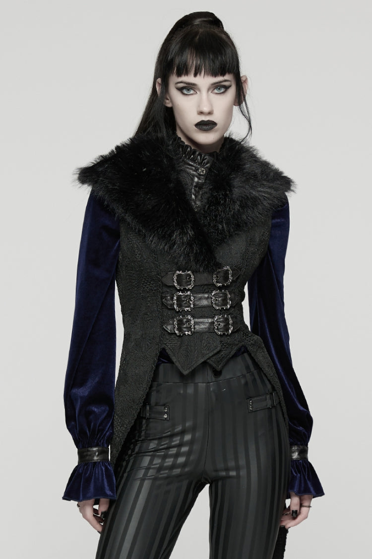 Black Sleeveless Jacquard Buckled Swallow-tailed Women's Gothic Vest