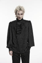 Black Stand Collar Long Lantern Sleeves Jacquard Embroidered  Men's Gothic Palace Shirt with Detachable Tie