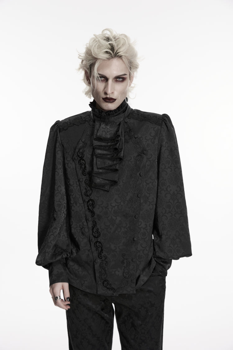 Black Stand Collar Long Lantern Sleeves Jacquard Embroidered  Men's Gothic Palace Shirt with Detachable Tie
