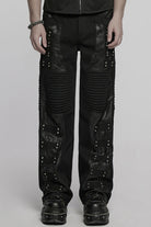 Black Pleated Faux Leather Stitching Men's Punk Straight Pants