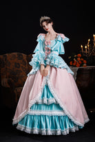 Blue/Pink Square Collar Long Trumpet Sleeves Triple-Layered Ruffled Open-Front Bow Classic Vintage Palace Lolita Victorian Dress