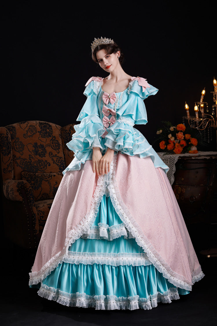 Blue/Pink Square Collar Long Trumpet Sleeves Triple-Layered Ruffled Open-Front Bow Classic Vintage Palace Lolita Victorian Dress