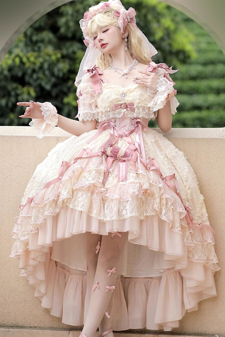 Pink [Diane Rose] Short Sleeves Multi-Layered Jacquard Ruffle Hanayome Cardigan Bowknot Lace Sweet Lolita Dress