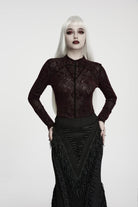 Red High Collar Long Sleeves Rose Jacquard Lace Slim Fit Women's Gothic Luxurious Top
