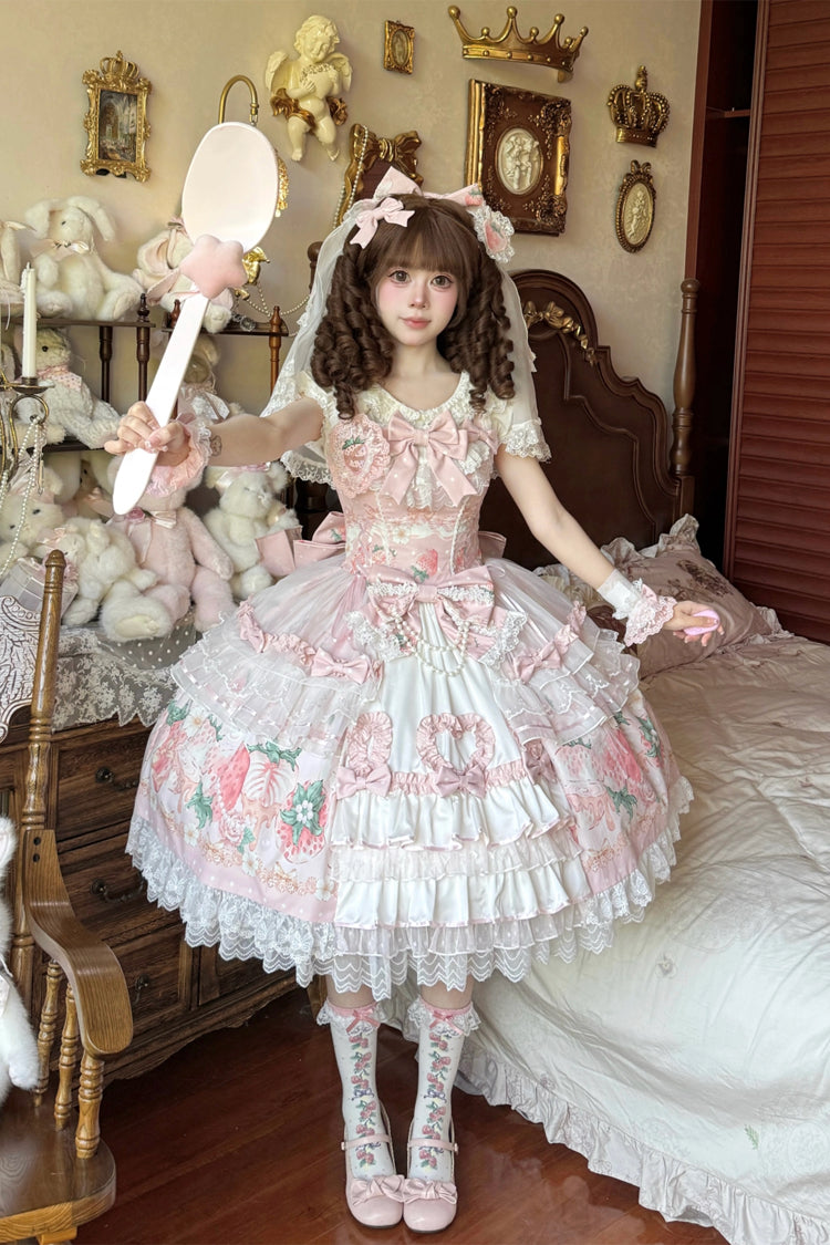 Pink [Berry Sweet Wish] Square Collar Printed Ruffled Open-Front Bow Lace Pearl-Decorated Sweet Lolita Jsk Dress Set