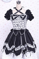 Black/White Cotton Square Collar Lace Trim Gothic Lolita Dress