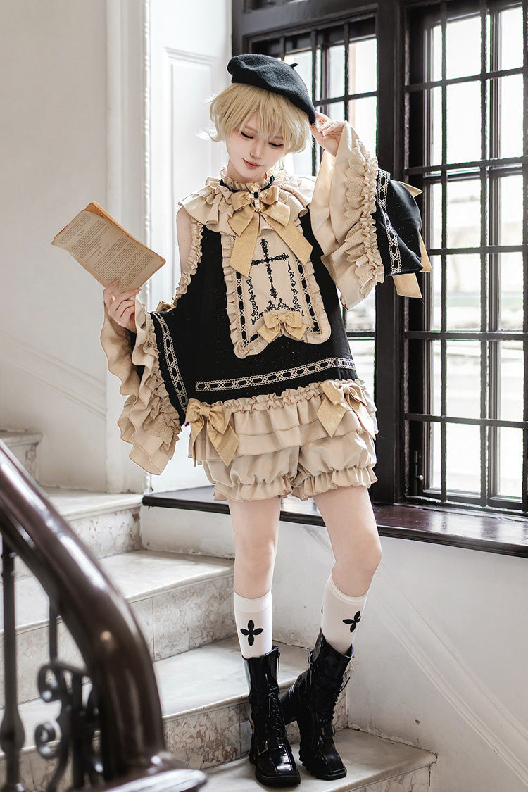 Black/Gold [Saint Child of the Cross] Round Collar Off Shoulder Long Trumpet Sleeves Ruffled Bow Gothic College Style Ouji Lolita Set