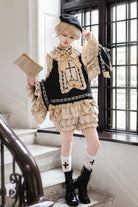 Black/Gold [Saint Child of the Cross] Round Collar Off Shoulder Long Trumpet Sleeves Ruffled Bow Gothic College Style Ouji Lolita Set