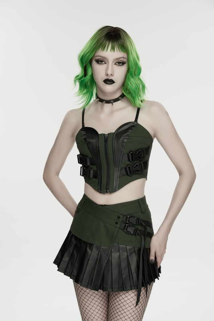 Black/Green Spliced Lace Lace-Up Slim Color-Blocked Zippered Women's Punk Cool Corset