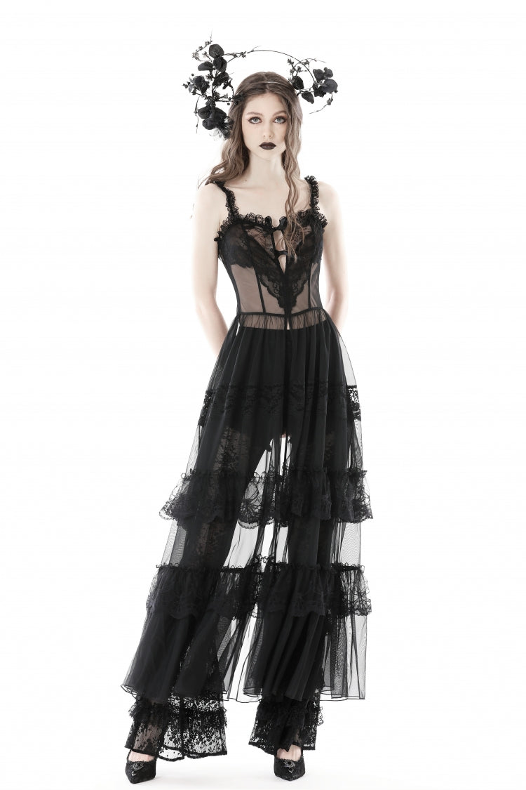 Black Sleeveless Hearted Multi-Layered Lace Split Sheer Mesh Women's Gothic Maxi Slip Dress