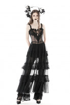 Black Sleeveless Hearted Multi-Layered Lace Split Sheer Mesh Women's Gothic Maxi Slip Dress