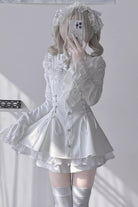 White Long Trumpet Sleeves Bowknot Lace-Up Gothic Jirai Kei Dress Shorts Set