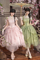 [Fragrance] Stand Collar Short Sleeves Multi-Layered Printed Ruffled Bow Lace Irregular Chinese Style Sweet Lolita Dress 2 Colors (Green, Pink)