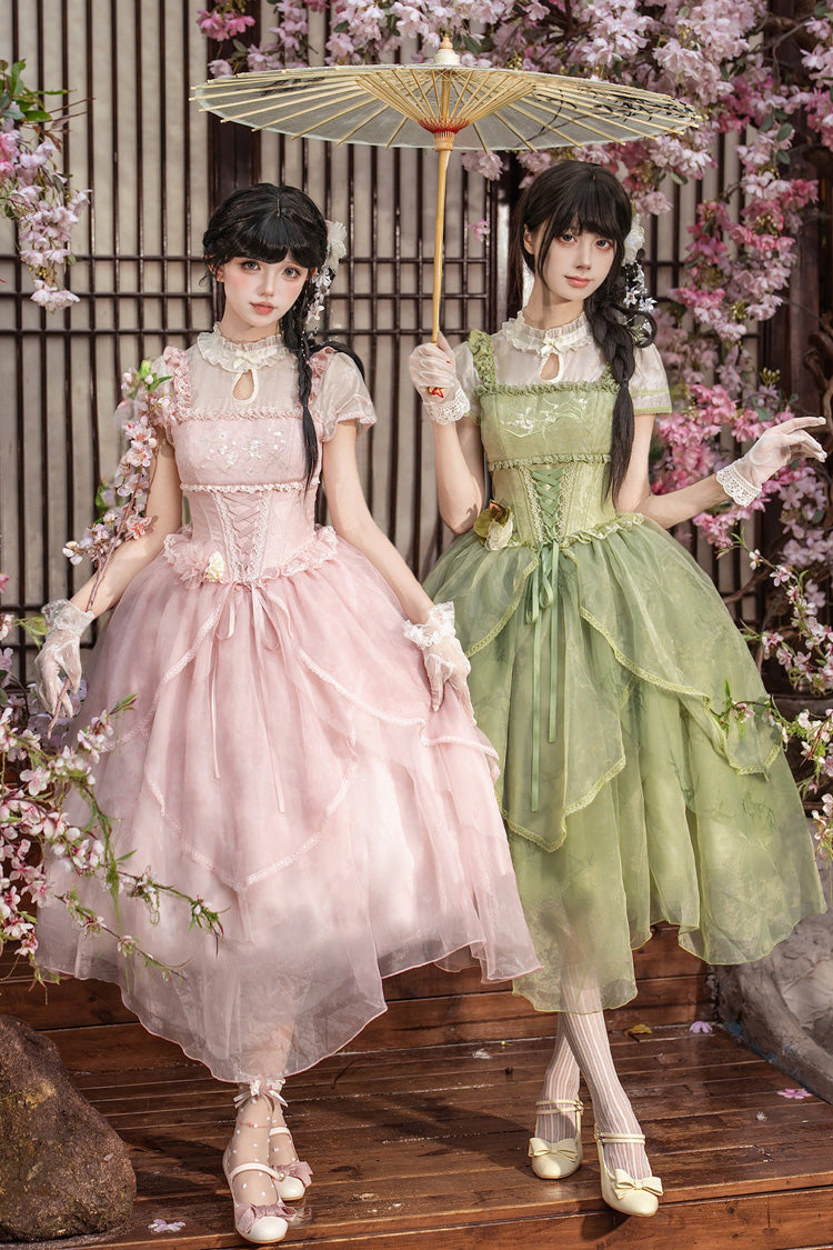 [Fragrance] Stand Collar Short Sleeves Multi-Layered Printed Ruffled Bow Lace Irregular Chinese Style Sweet Lolita Dress 2 Colors (Green, Pink)