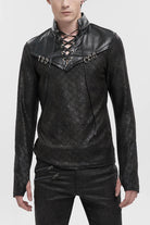 Black Stand Collar Long Sleeves Faux Leather Splice Men's Gothic Shirt