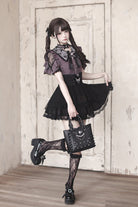 Purple [Dreamy Love Ballad] Lapel Collar Short Sleeves Double-Layered Ruffled Cut-Out Bow Gothic Japanese Jirai Kei Skirt Set