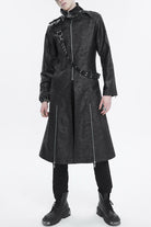 Black Stand Collar With Strap Split At The Hem Long Men's Gothic Coat