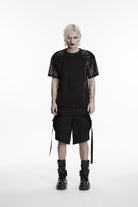 Black Zippered Men's Punk Cool Cosplay Strappy Shorts With Big Pocket