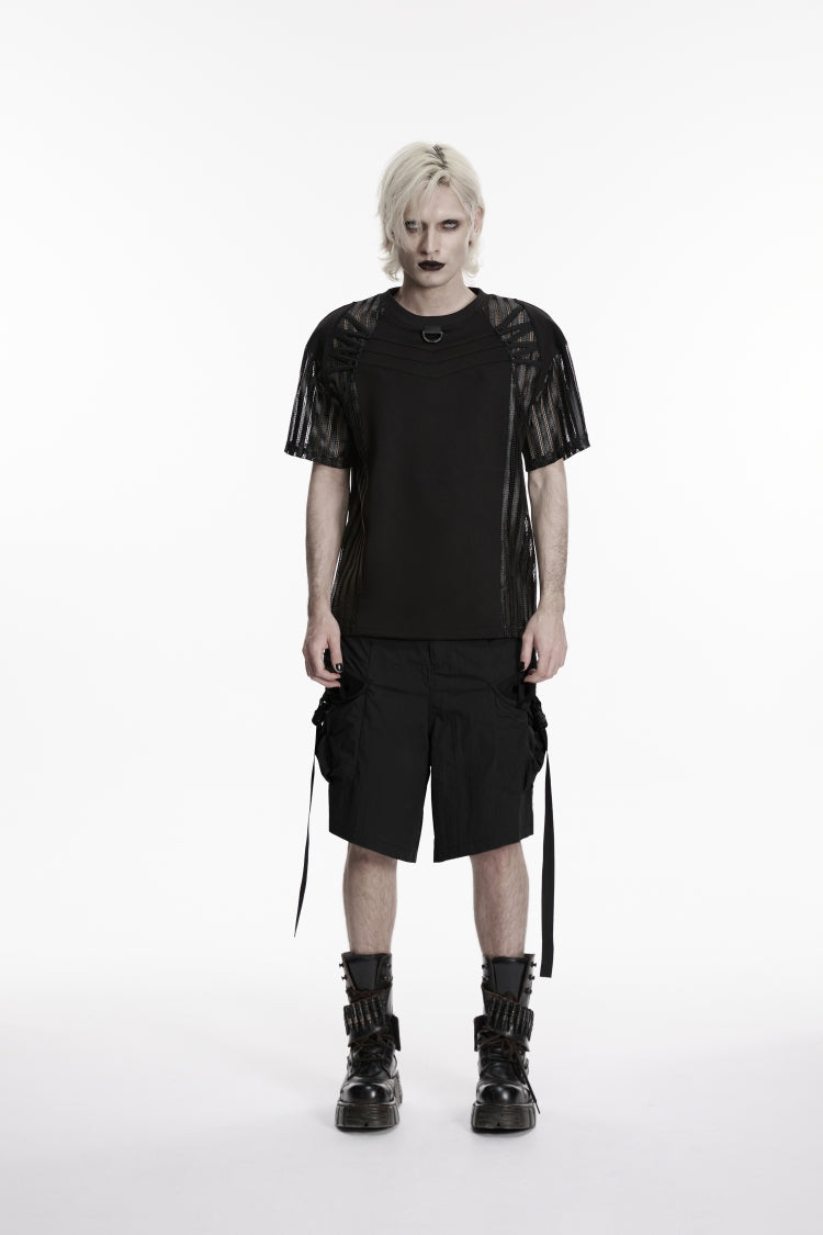 Black Zippered Men's Punk Cool Cosplay Strappy Shorts With Big Pocket