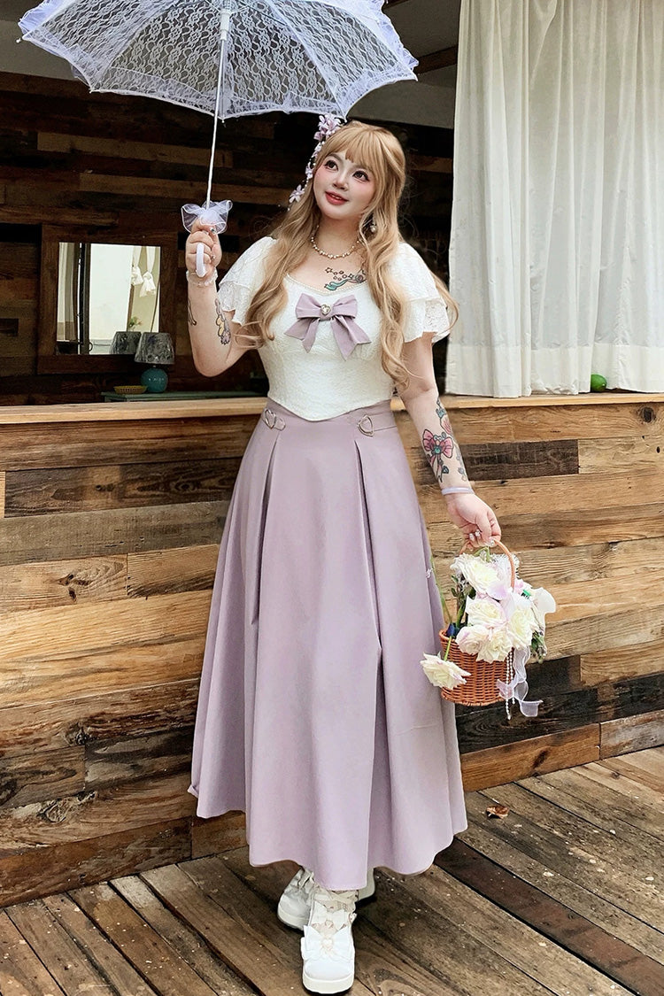 White/Purple Round Collar Short Sleeves Bow Patchwork Lace Sweet Japanese Plus Size Lolita Dress