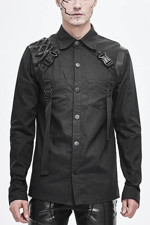 Black Straps Long Sleeves Mens Punk Blouse