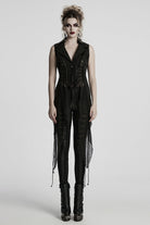 Black V Collar Sleeveless Stitching Lace-Up Irregular Mesh Women's Gothic Long Vest