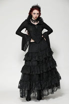Black Lace Ruffled V Stand Collar Long Flared Sleeves Jacquard Women's Gothic Blouse