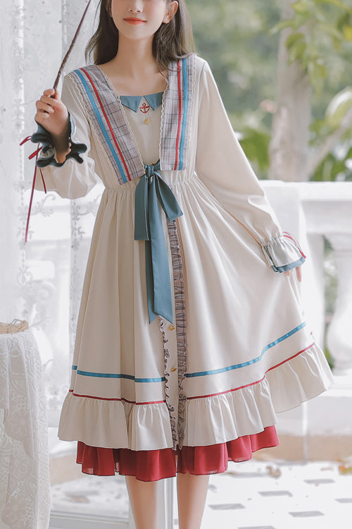 Multi-Color Square Collar Ruffled Long Sleeves Paneled Hem Sweet Lolita OP Dress
