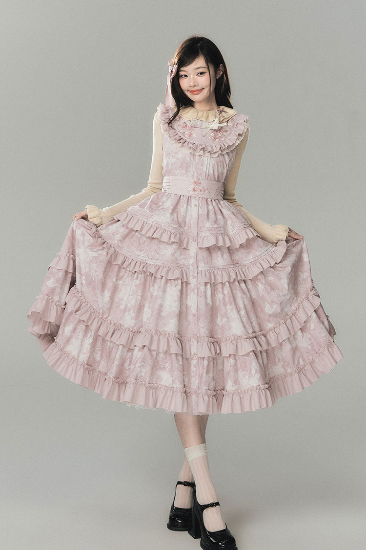 Pink [Sacred Heart Lily] Round Collar Sleeveless Multi-Layered Printed Ruffled Embroidered Sweet Chinese Inspired Lolita Jumper Dress