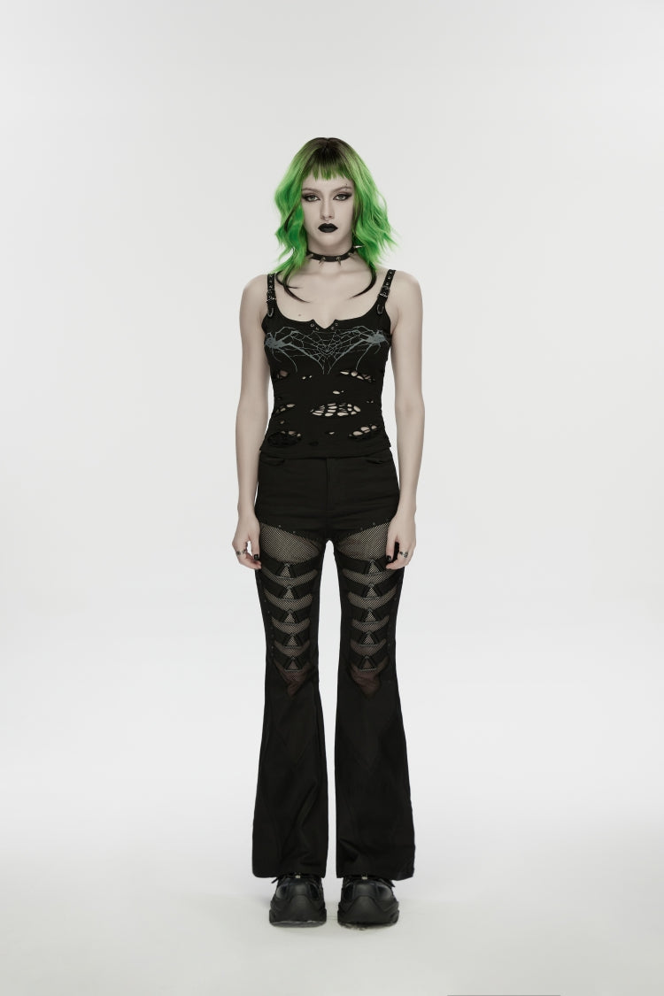 Black Spliced Slim Eyelet Women's Punk Pants
