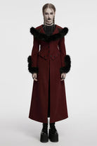 Red Long Sleeves Faux Fur Stitching Lace-Up Detachable Women's Gothic Coat