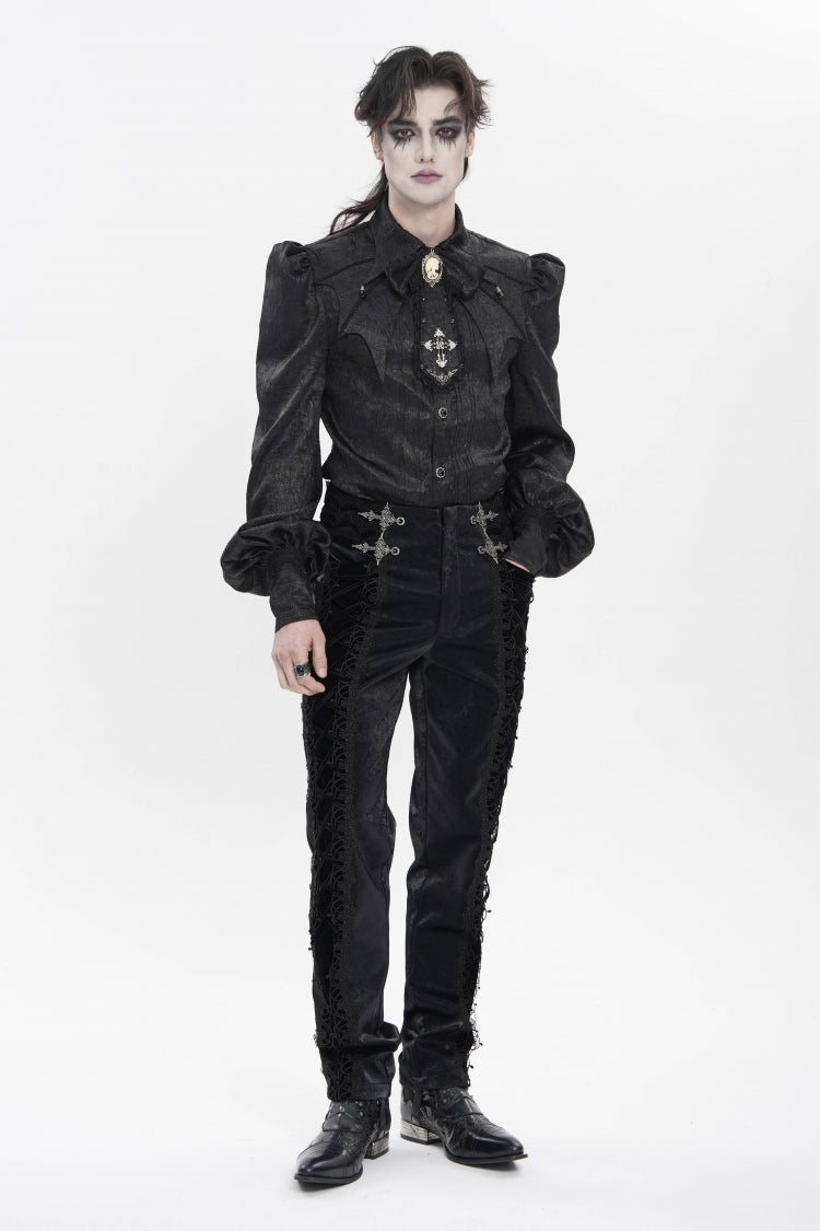 Black Printed Embroidered Spliced Lace-Up Men's Gothic Pants