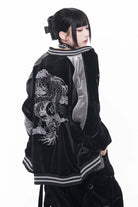 Black Long Sleeves Print Embroidery Gothic Jirai Kei Chinese Style Japanese Coat