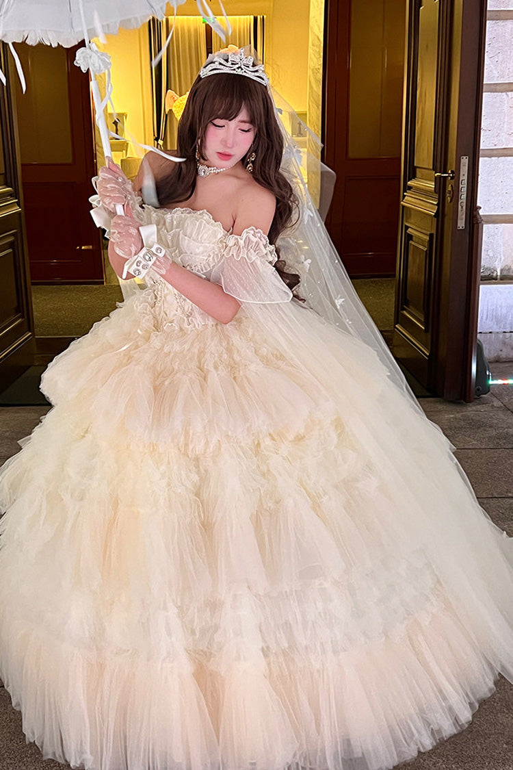 White [Maiden’s Love] Off Shoulder Triple-Layered Ruffled Hanayome Bow Lace Sweet Princess Lolita Dress