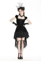 Black Square Collar Cap Sleeves Lace-Up High/Low Lace Ruffled Women's Gothic Princess Velvet Dress