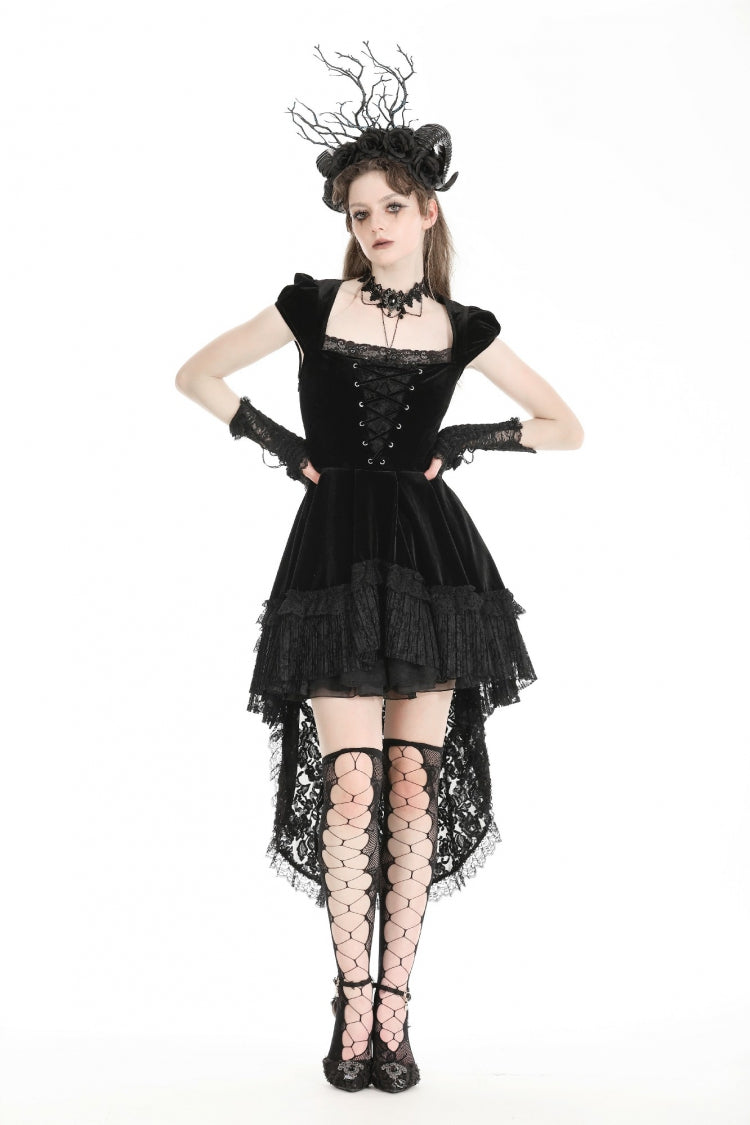 Black Square Collar Cap Sleeves Lace-Up High/Low Lace Ruffled Women's Gothic Princess Velvet Dress