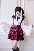 Red Triple-Layered Plaid Print Ruffle Gothic Jirai Kei Japanese Strap Dress