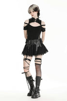 Black Faux Leather Spliced Lace Lace-Up Women's Punk Mini Skirt