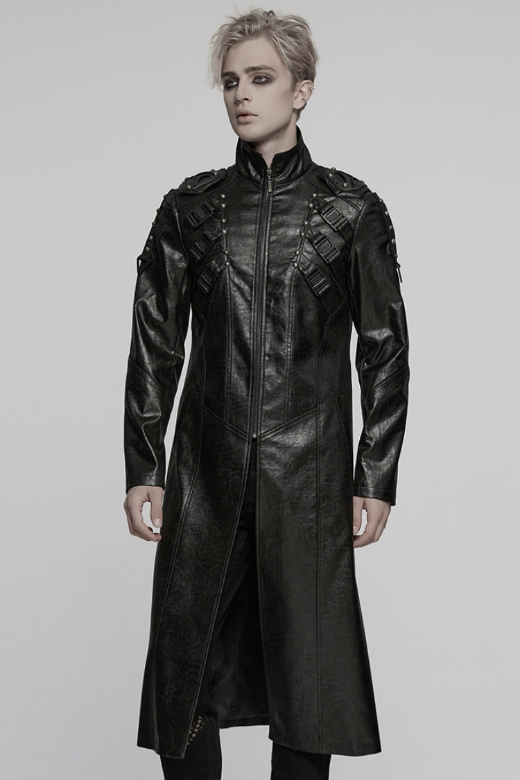Black Stand Collar Long Sleeves Faux Leather Buckle Men's Punk Coat