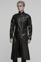 Black Stand Collar Long Sleeves Faux Leather Buckle Men's Punk Coat