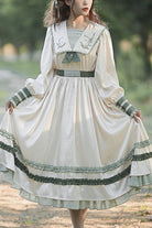 Beige Embroidered Large Lapel Collar Long Sleeves High Waisted Long Sweet Lolita OP Dress