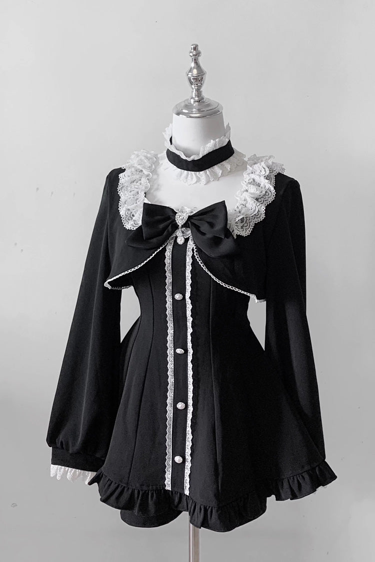 Black [Twilight Prelude] Long Sleeves Ruffled Bow Lace Jirai Kei Japanese Dress and Shorts Set