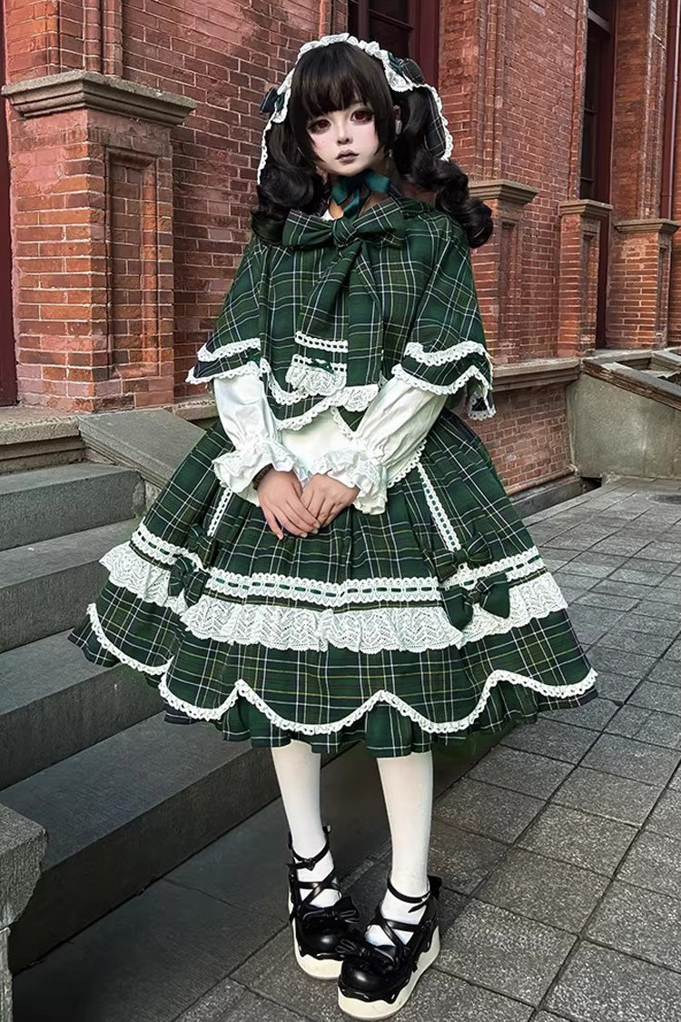 Green [Gingham Petal Bunny] Short Sleeves Printed Ruffled Bow Sweet Lolita OP Dress