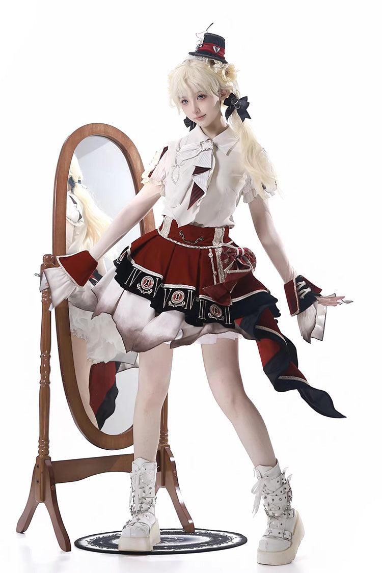 Red/White [Burning Finale] Lapel Collar Short Sleeves Ombre Embroidered Irregular Classic College Style Lolita Skirt Set